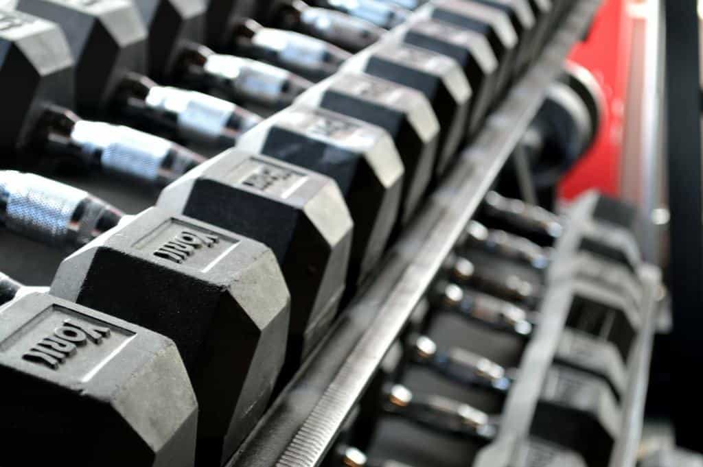 complete_dumbbell_workout_schedule_004 row of dumbbells at the gym