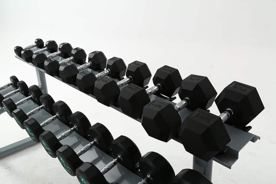 Dumbbells in various sizes placed on rack