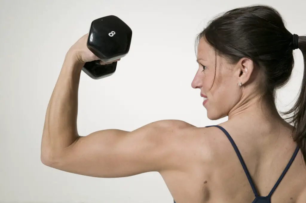 Woman weight lifting, posing in studio, portrait