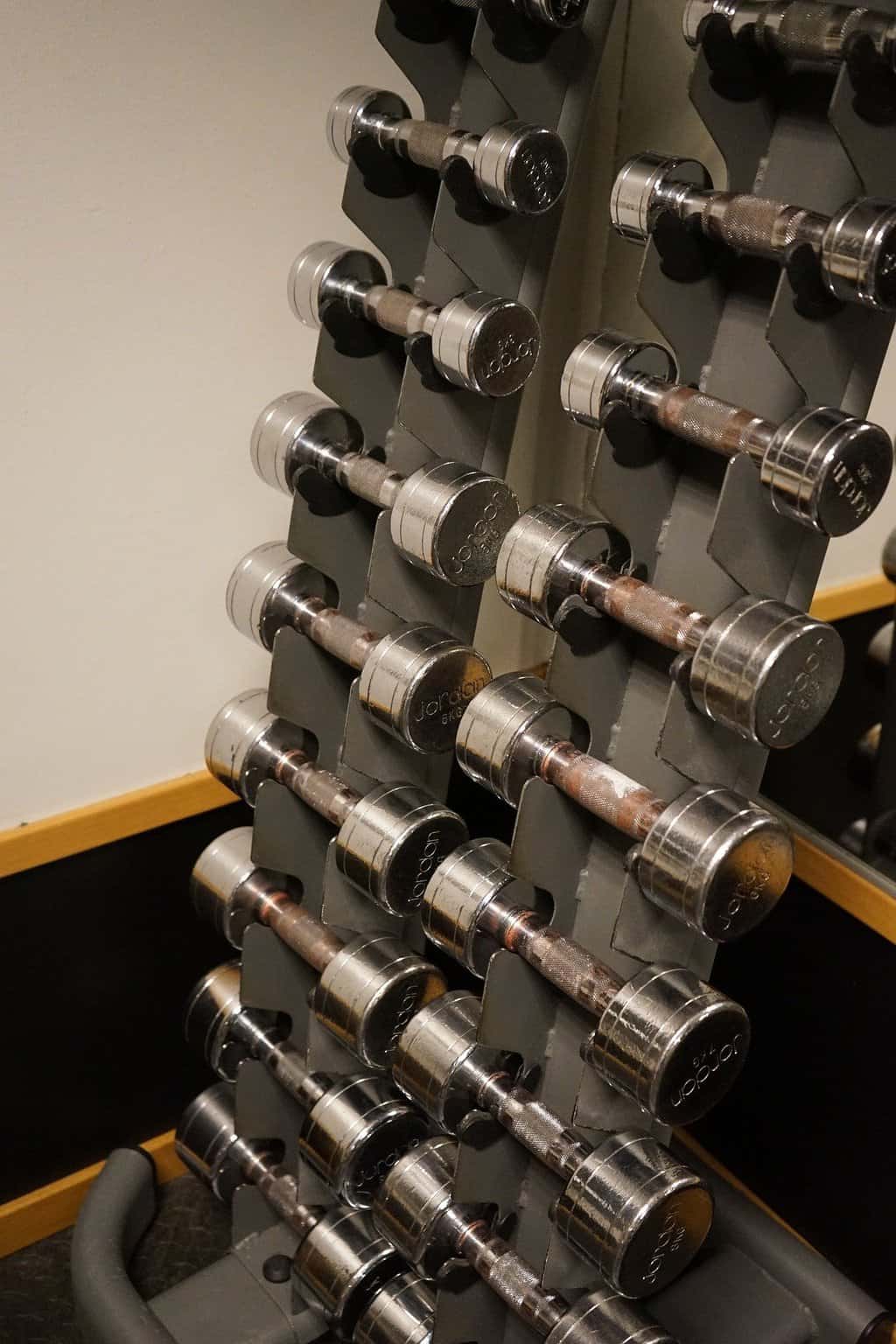 Rusty dumbbells placed on a rack